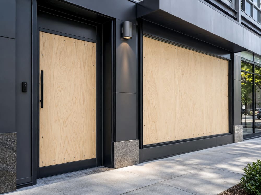 Commercial storefront and office entry secured with board-up service after broken glass damage