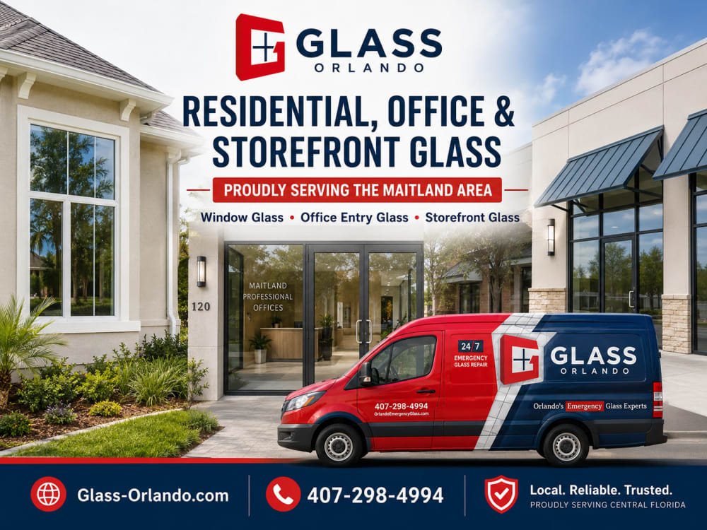 Residential window office entry and storefront glass service scene representing Glass Orlando in Maitland Florida