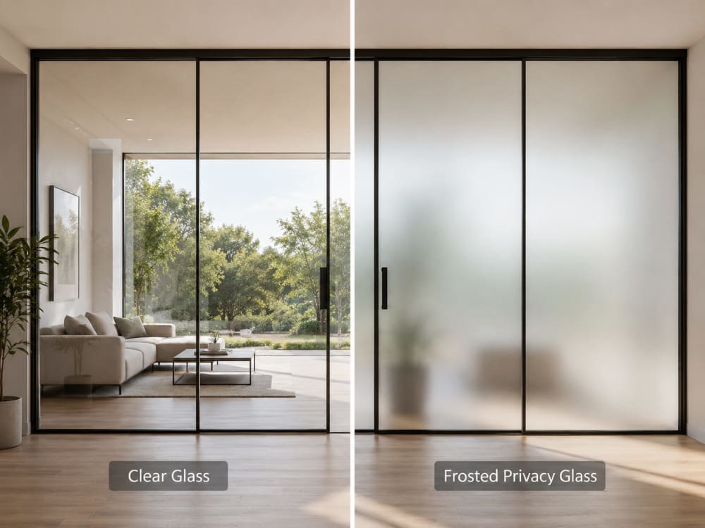 Comparison of clear glass and frosted privacy glass showing reduced visibility with natural light