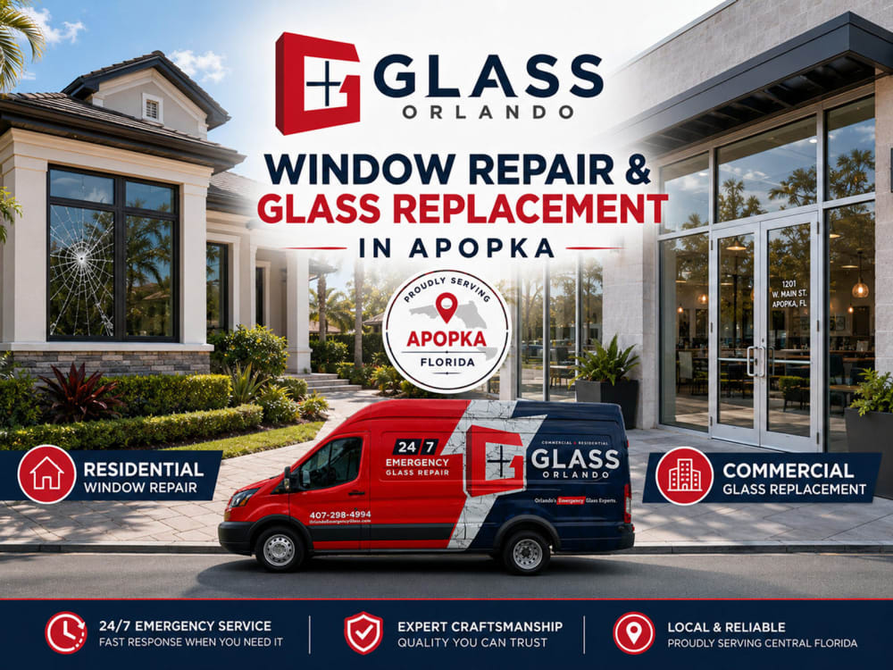 Residential cracked window and commercial glass entry representing window repair and glass replacement in Apopka