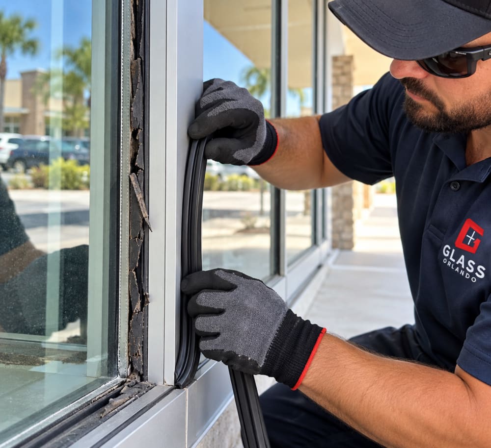 Commercial storefront glazing gasket and perimeter sealant repair around aluminum framing