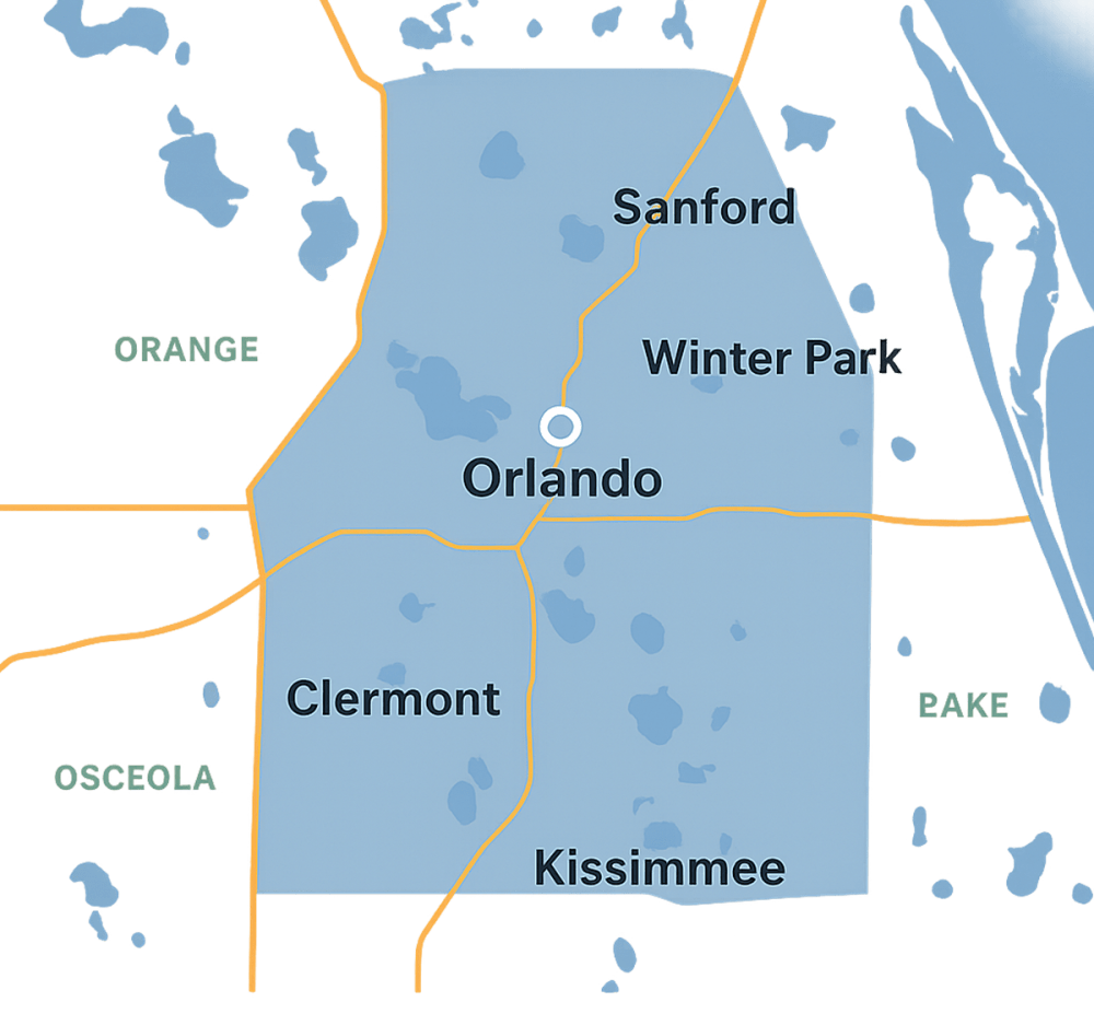 Map highlighting Orlando, Kissimmee, Winter Park, Sanford and Clermont showing Glass Orlando’s 24/7 emergency glass service area across north, south, east and west Orlando in Orange, Osceola, Seminole and Lake Counties