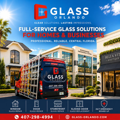 Residential, commercial, and emergency glass service scene representing Glass Orlando in Central Florida