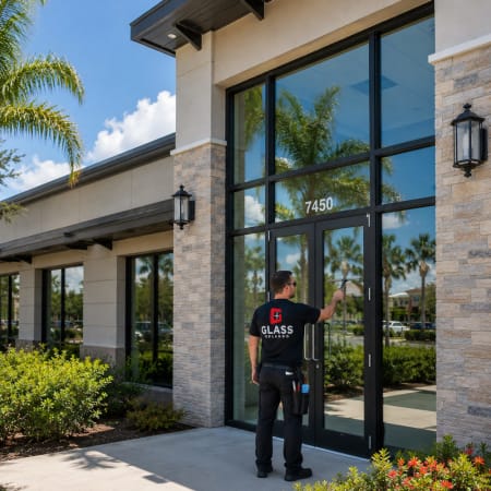 Five-star review from a Buenaventura Lakes office client after entry glass repair