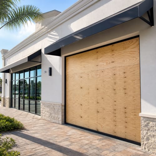 Boarded storefront in Orlando after emergency glass damage. Click to open in modal.