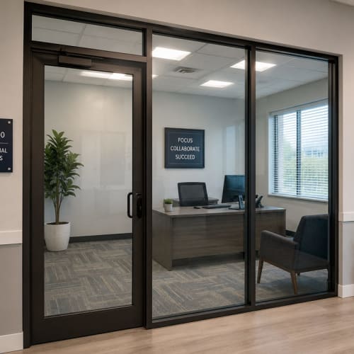 Framed office partition glass repaired in an Apopka professional suite. Click to open in modal.