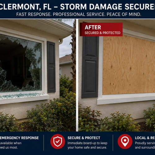 Storm-damaged residential window in Clermont secured after emergency response. Click to open in modal.