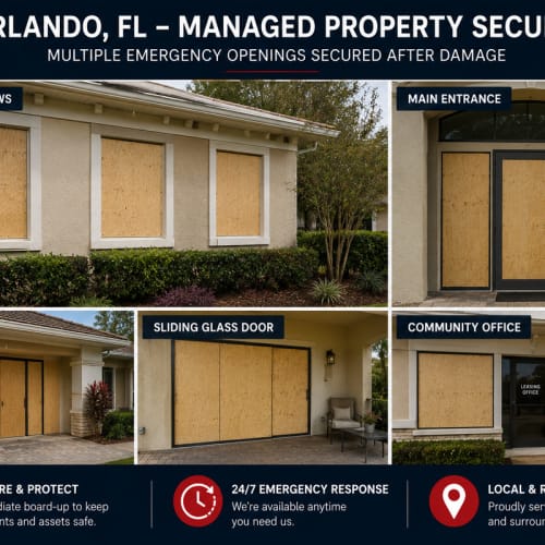 Multiple emergency glass openings at an Orlando managed property secured after damage. Click to open in modal.