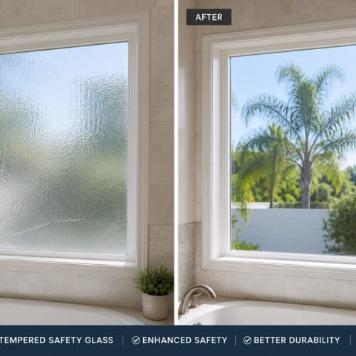 Bathroom window in Orlando upgraded with tempered safety glass. Click to open in modal.