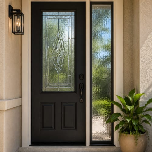 Custom-cut residential side glass panel installed beside an entry door in Ocoee. Click to open in modal.