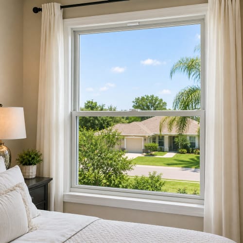Cracked bedroom window glass in Kissimmee replaced with new residential glass. Click to open in modal.