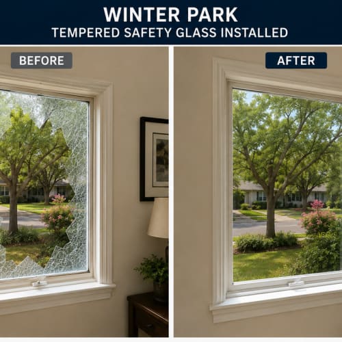 Tempered safety glass installed in a Winter Park residential window opening. Click to open in modal.