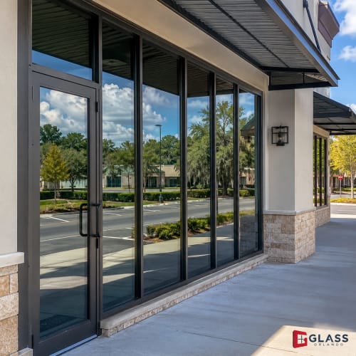 Storefront glass in Ocoee replaced after commercial damage. Click to open in modal.