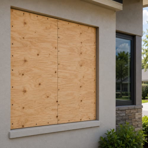 Broken glass opening in Ocoee secured with emergency board-up service. Click to open in modal.