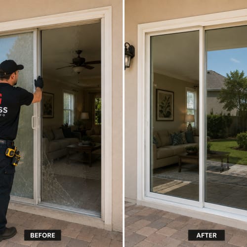 Sliding patio door in Winter Garden with replacement glass installed. Click to open in modal.