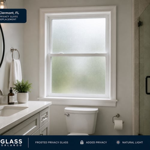 Bathroom privacy glass replacement in Clermont home. Click to open in modal.