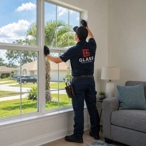 Broken living room window glass in Buenaventura Lakes replaced with a new clear pane. Click to open in modal.