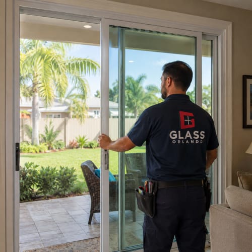 Sliding patio door in Buenaventura Lakes with replacement glass installed. Click to open in modal.