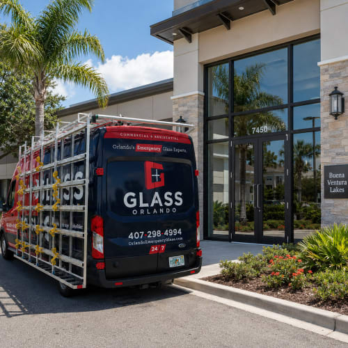 Office entry glass in Buenaventura Lakes repaired for a professional building. Click to open in modal.