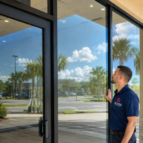 Storefront glass in Buenaventura Lakes replaced after commercial damage. Click to open in modal.