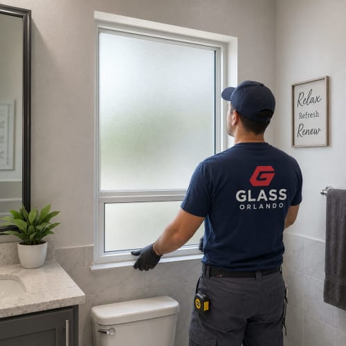 Bathroom privacy window in Buenaventura Lakes replaced with frosted glass. Click to open in modal.
