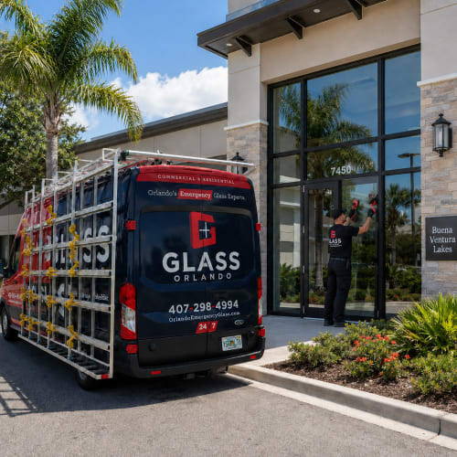 Broken glass opening in Buenaventura Lakes secured with emergency board-up service. Click to open in modal.
