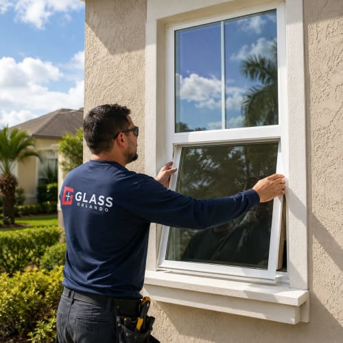 Custom single-hung window glass installed in Buenaventura Lakes Florida. Click to open in modal.