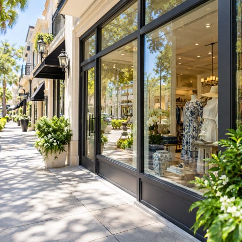 Storefront glass panel replacement for a Celebration Florida retail property. Click to open in modal.