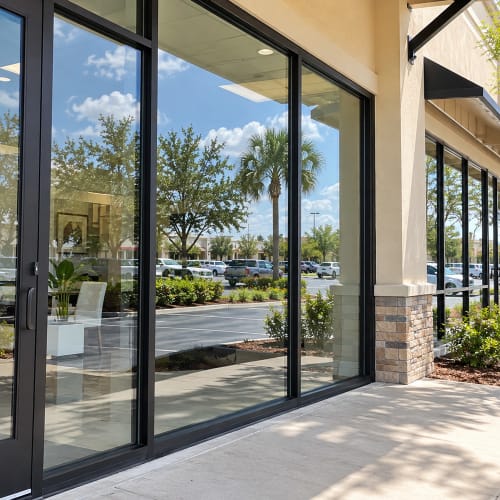 Fogged insulated storefront glass panel replaced at a Clermont Florida business. Click to open in modal.