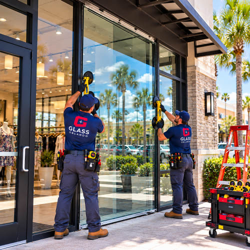 Laminated safety glass installed in a fixed storefront panel in Sanford Florida. Click to open in modal.