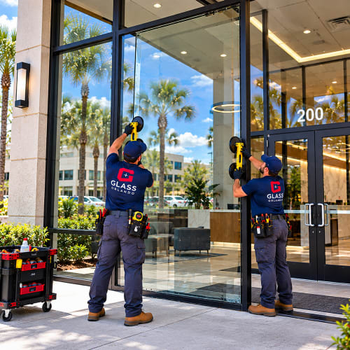 new clear storefront glass installed at Altamonte Springs office lobby entrance. Click to open in modal.