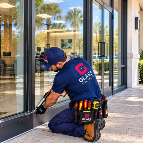 Aluminum storefront frame repaired at a Maitland Florida office property. Click to open in modal.