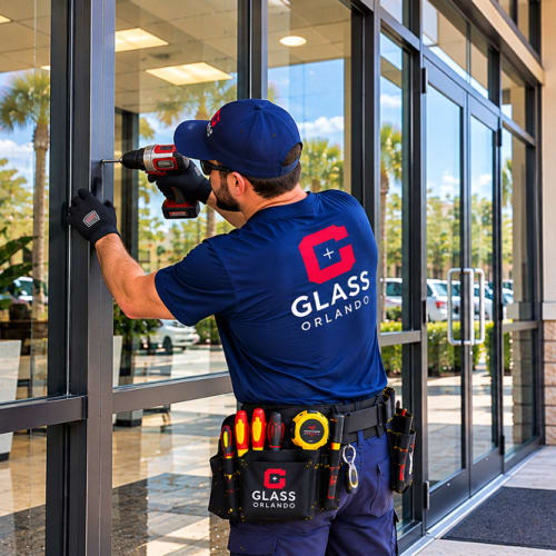 Loose aluminum storefront mullion repaired at an Altamonte Springs Florida business. Click to open in modal.