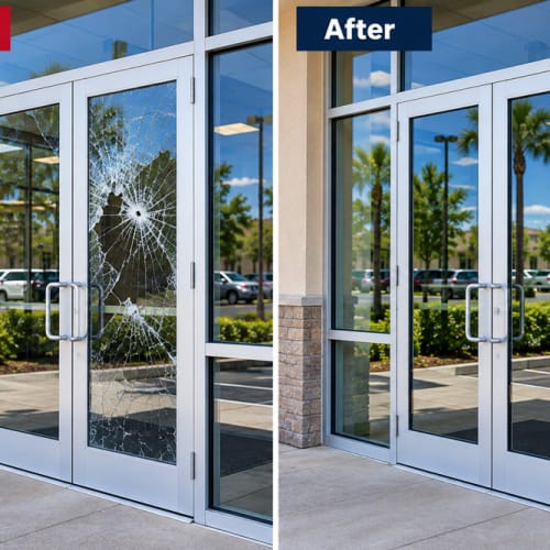 Commercial aluminum door glass replacement in Seminole County Florida. Click to open in modal.