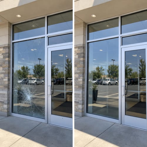 Commercial storefront glass replacement project in Orange County Florida. Click to open in modal.
