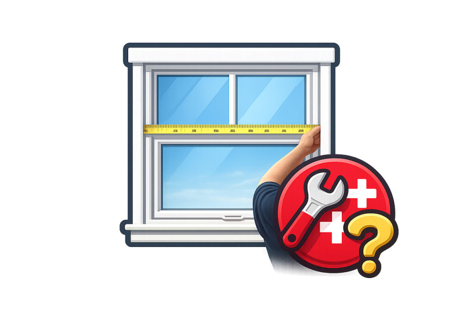 Icon of a residential window with a repair symbol and question mark representing common window glass repair questions