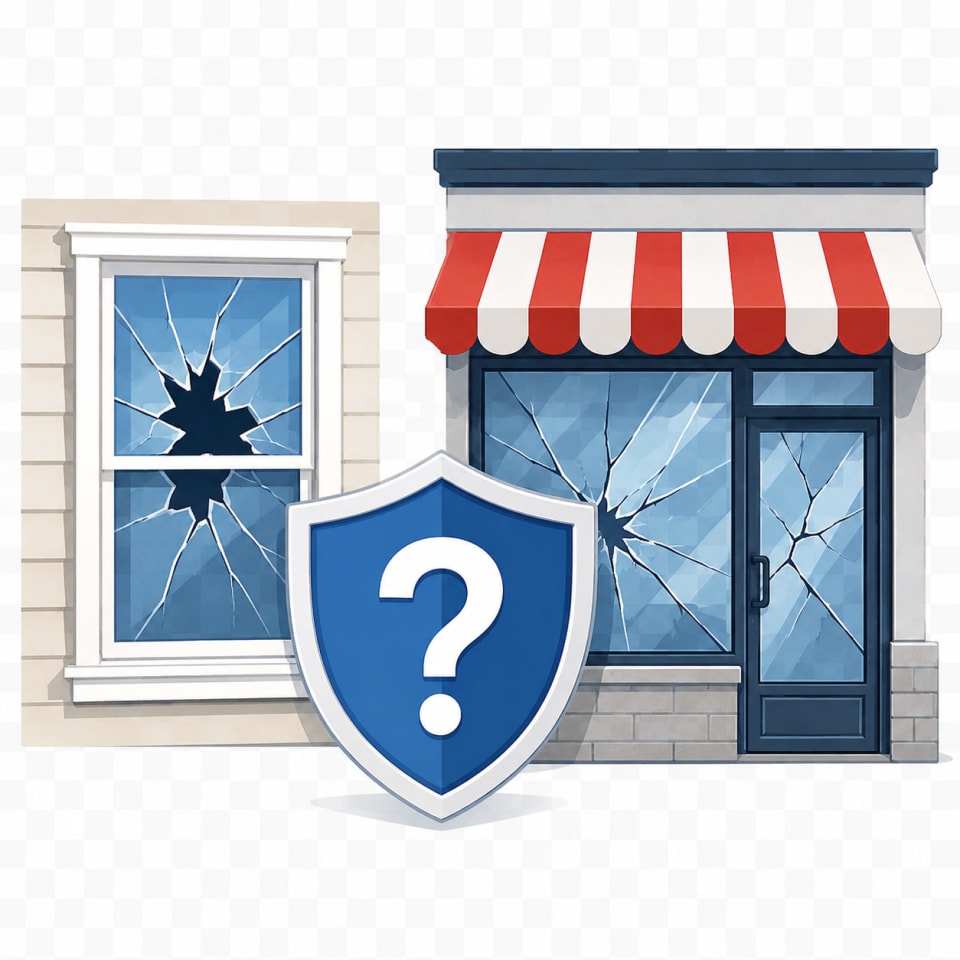 Icon of a broken window and storefront with a shield and question mark representing common emergency glass repair questions