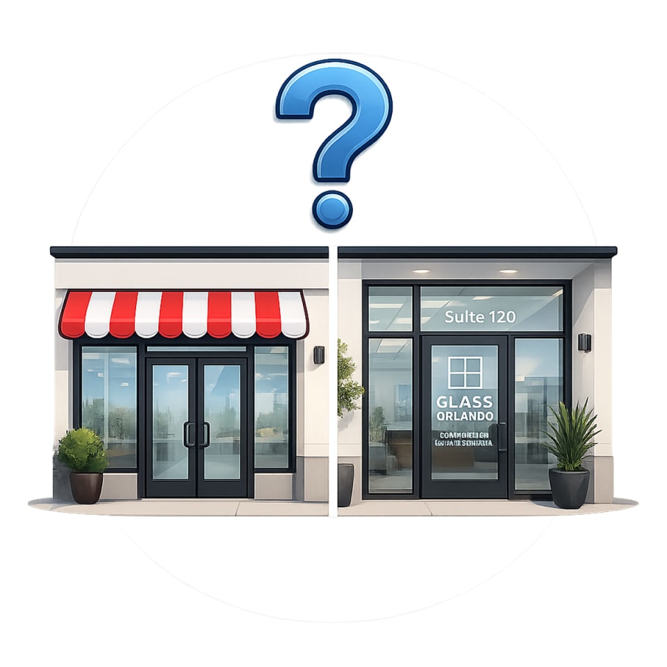 Icon of a storefront and office entry representing common commercial glass service questions in Central Florida