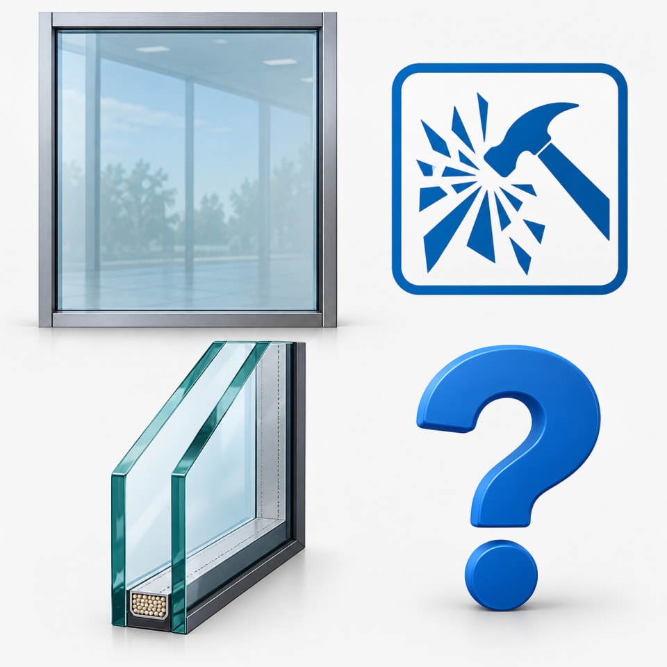 FAQ icon representing storefront glass replacement large display panels tempered glass laminated glass insulated units and emergency repair questions