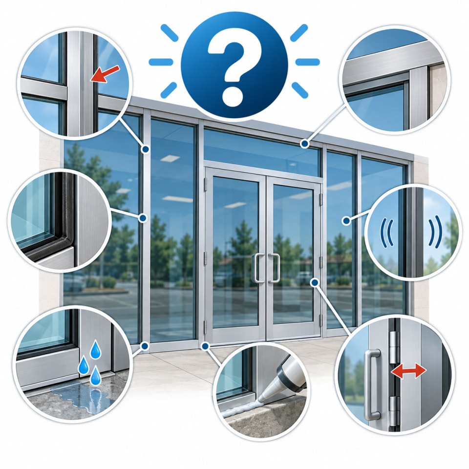 FAQ icon representing storefront system repair questions about aluminum framing, mullions, leaks, gaskets, rattling glass, sealants, and commercial door alignment