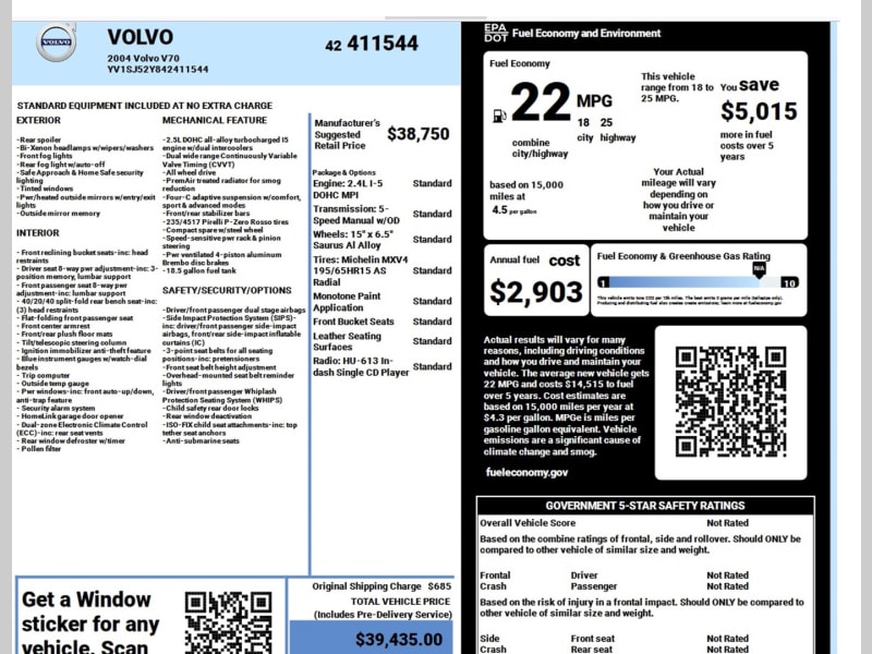 Volvo V70 2004 price $21,000