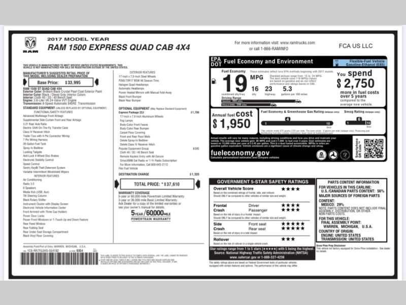 RAM 1500 2017 price $18,999