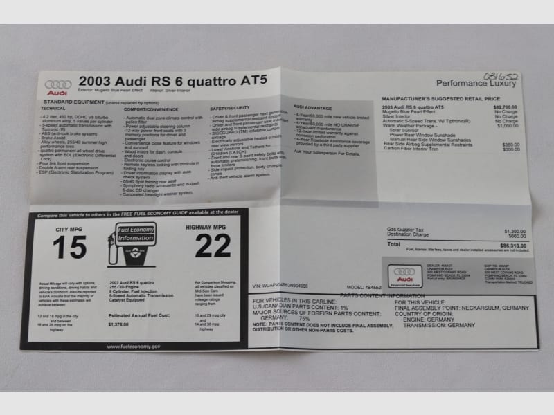 Audi RS6 2003 price $0