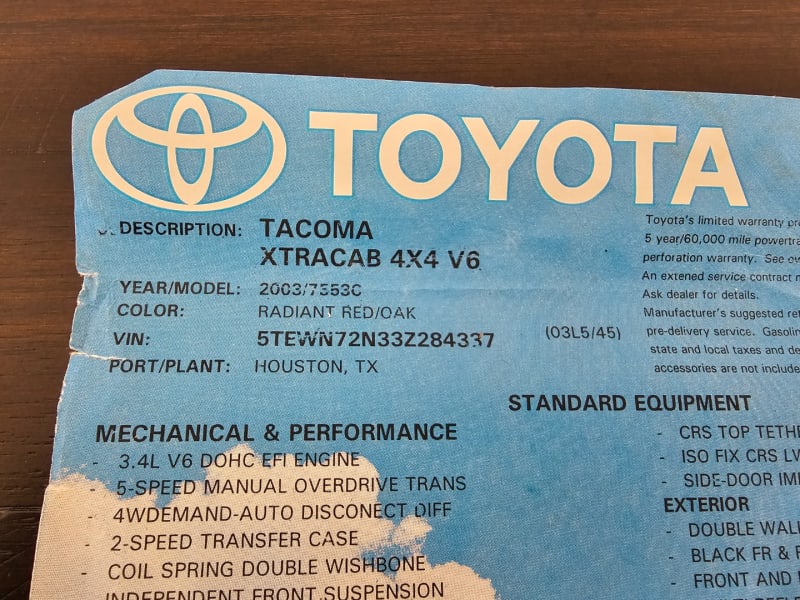 Toyota Tacoma 2003 price $0