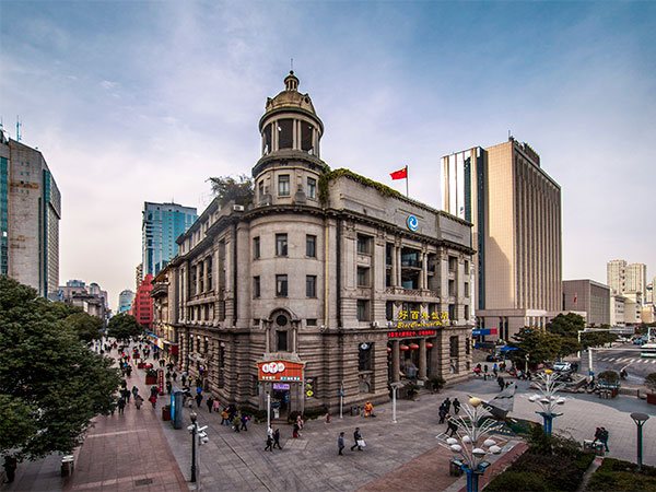 Pedestrian shopping street with old buildings in Wuhan Jianghan Road