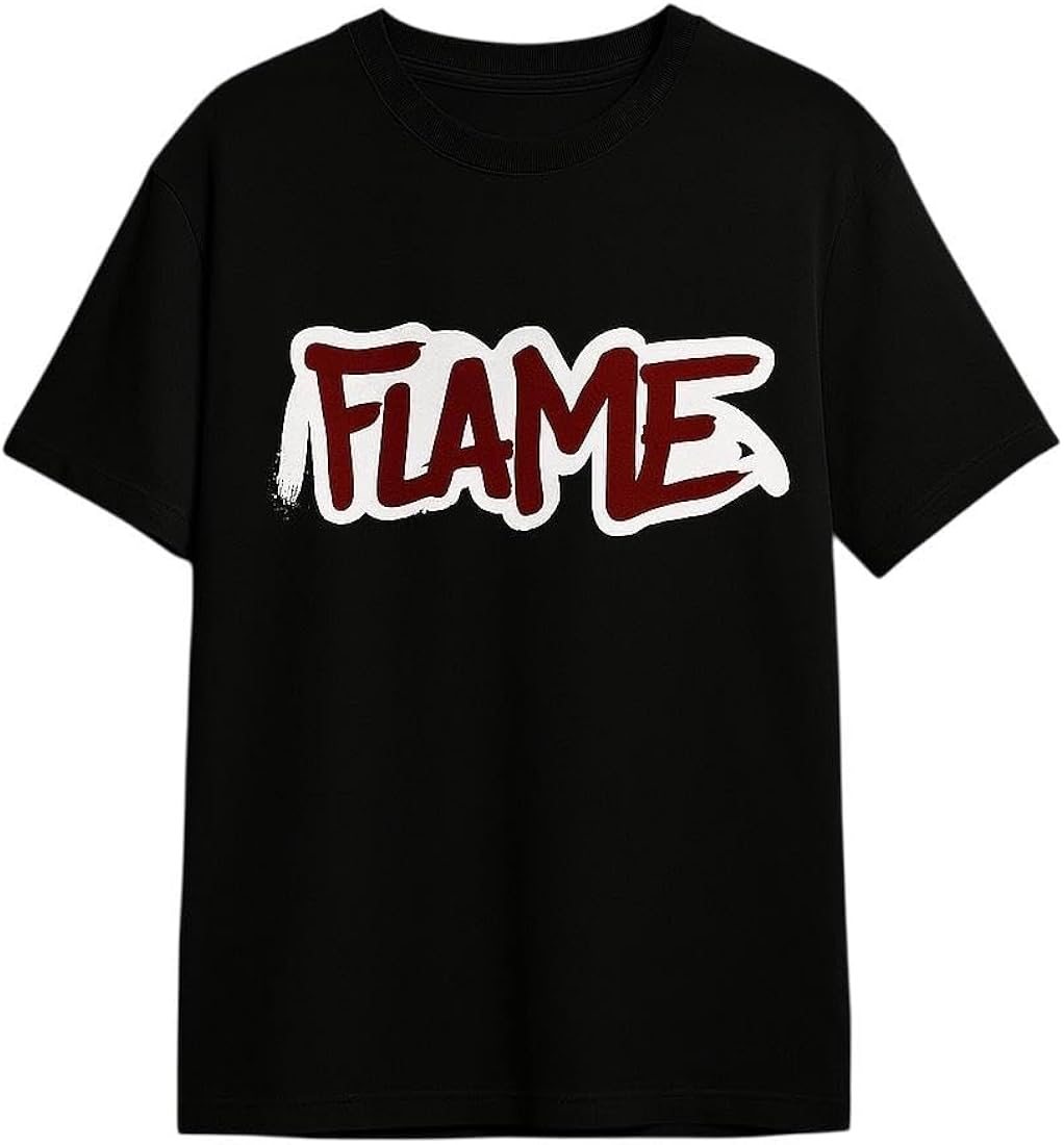 Black and white close up of a flame logo printed on a tee chest