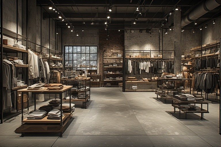 Inside a streetwear store with black racks and concrete walls in Chengdu