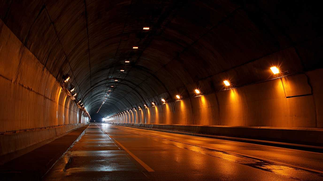 Underground concrete tunnel lit by orange light, referencing a hidden palace theme