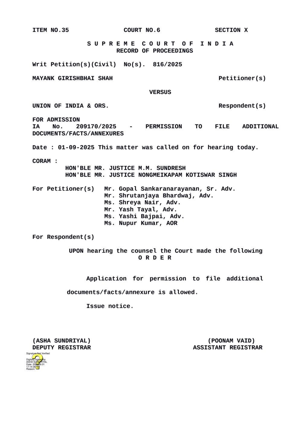 Supreme Court Record of Proceedings dated 01-09-2025 in Mayank Girishbhai Shah v. Union of India, Writ Petition (Civil) 816 of 2025