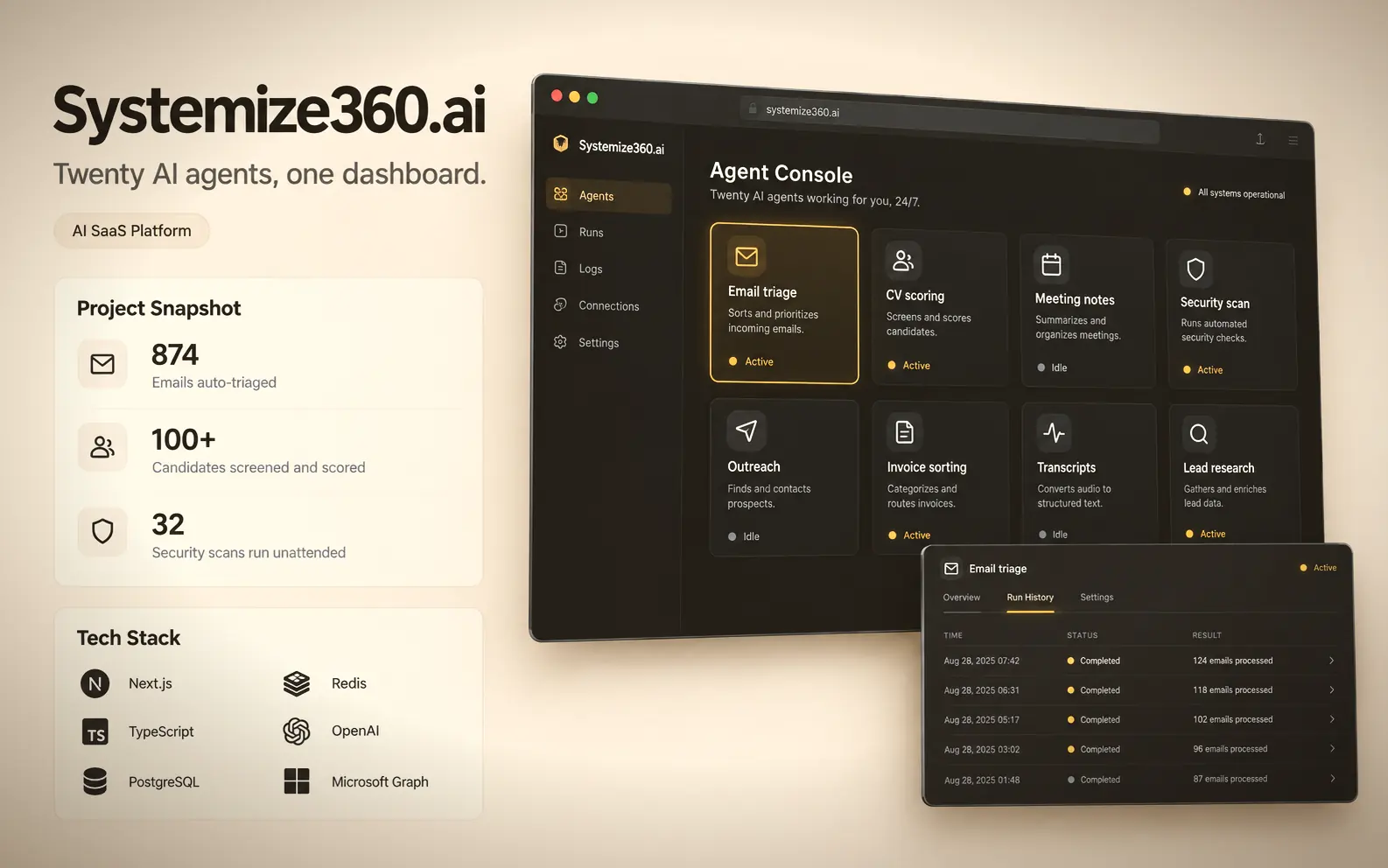 A case study board for Systemize360.ai showing its agent console